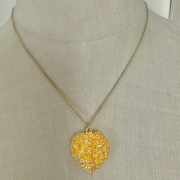 Viviane Woodard Primeval Perfume Locket Heart Pendant w/ Rhinestones, Gold-Tone - Picture 2 of 10